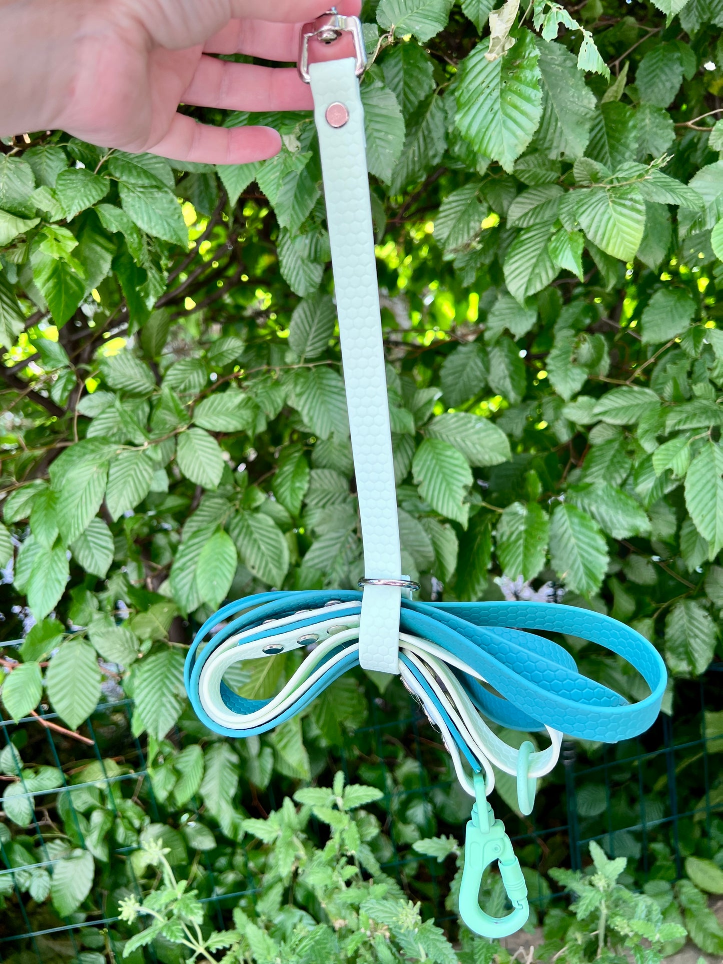 Necklace in Biothane Light Gray &amp; Pastel Blue with silver fittings